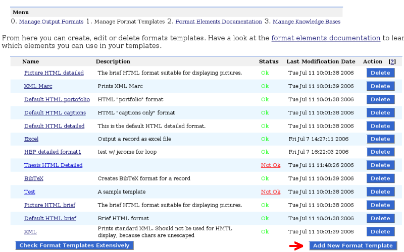 Format template management page